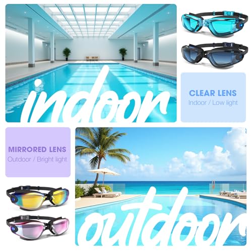 Swim Goggles 2 Pack - Dark Blue Clear Lens + Silver Mirror Lens, Anti-Fog, UV Protection