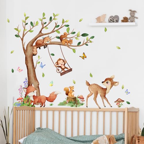 Runtoo Forest Baby Animals Wall Art Decals Jungle Tree Wall Stickers Nursery Kids Room Classroom Wall Decor Birthday Decoration
