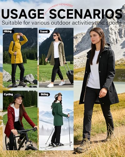 iCreek Women's Long Waterproof Rain Jacket with Hood, Packable, Dark Green (Medium)