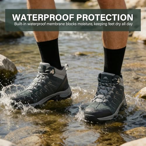 OUTJET Men's Waterproof Hiking Boots - Lightweight Leather Mid Ankle Trail Shoes, Dark Green, Size 11