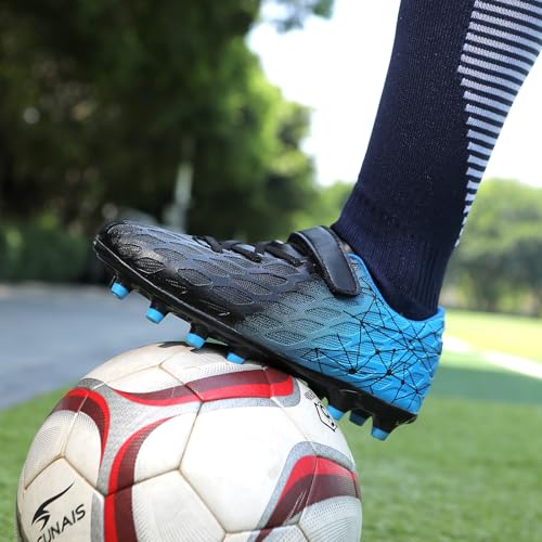 Kids Soccer Cleats, Firm Ground Football Shoes, Boys Girls Outdoor, 1.5 Big Kid, Black/Blue