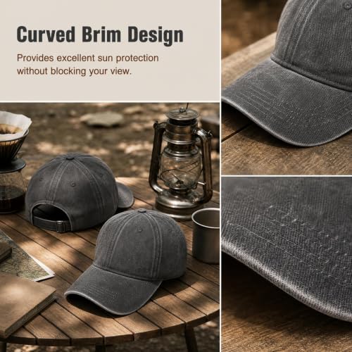 GESERESON Medium Black Vintage Washed Cotton Baseball Cap - Adjustable Dad Hat