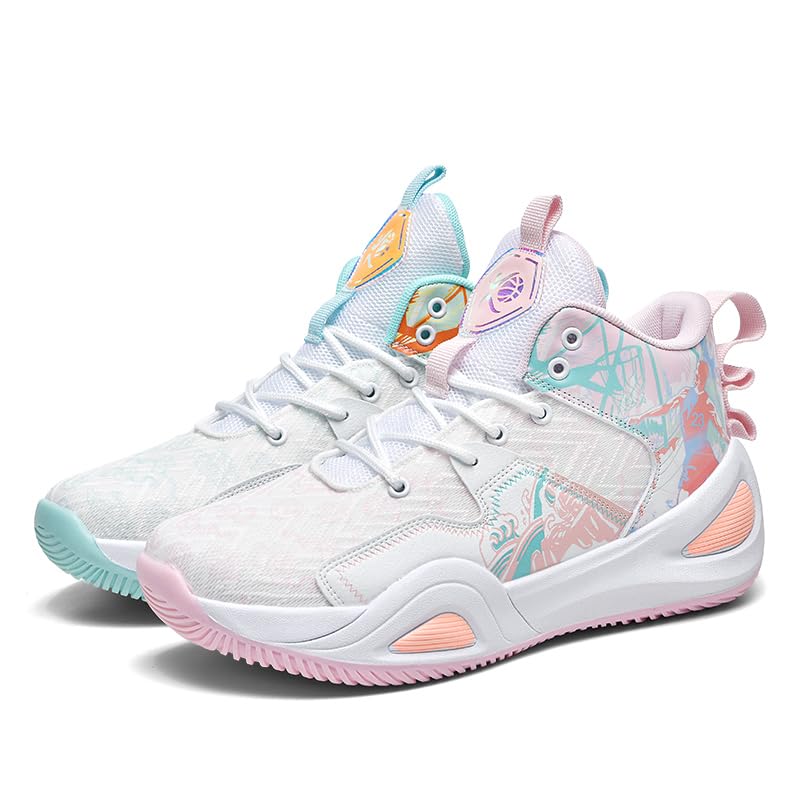 KIUSMETY 9 Women / 8 Men Green Pink High Top Basketball Shoes – Breathable Non Slip Outdoor Sneakers