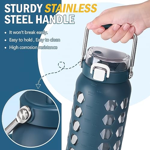 MUKOKO Blue 64oz Glass Water Bottle with Straw & Leakproof Lid