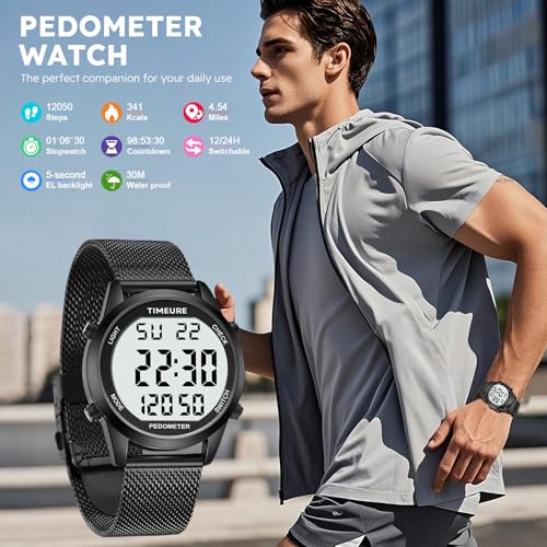 Men's Pedometer Watch with Stainless Steel Bracelet - Black