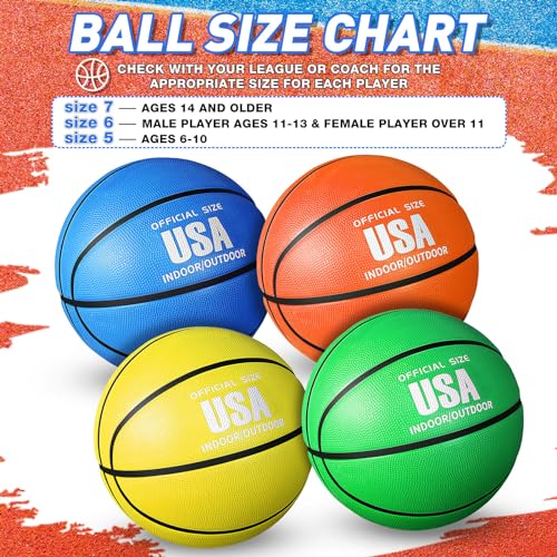 Libima 4-Pack Size 5 Basketballs with Pump - Yellow, Green, Blue, Orange