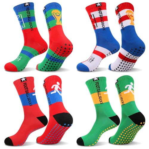 Grip Soccer Socks for Youth - 4 Pairs in Red, Blue, Green, Yellow