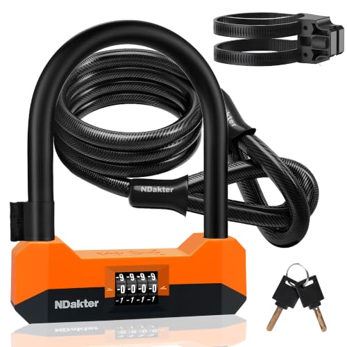 NDakter Heavy Duty Bike U Lock with 5FT Steel Cable - Medium Orange