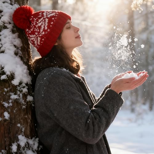 Winter Pom-Pom Beanie Hat for Women & Men - Red Medium