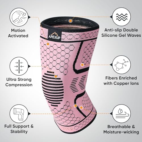 Compression Knee Brace for Women - Copper Support Sleeve - Pink+Black, Large