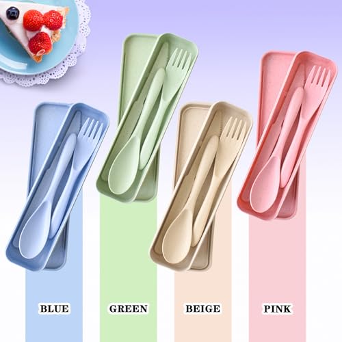 Reusable Cutlery Set with Case - 4 Travel Utensils in Pink, Blue, Beige, Green