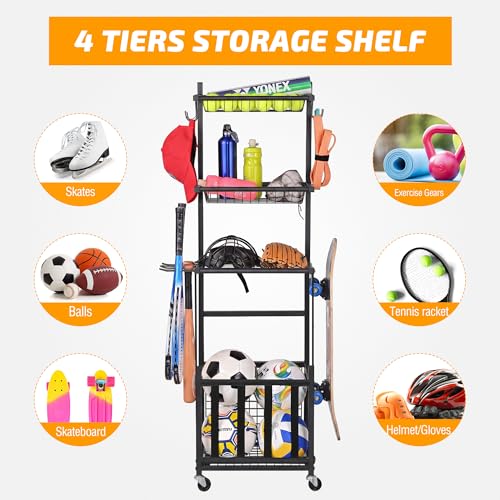 Vertical Sports Equipment Storage Rack with Hooks and Baskets