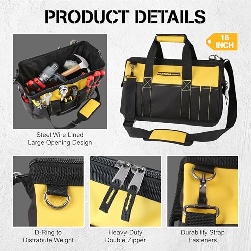 Olympia Tools 16 Inch Wide Mouth Tool Bag, Tool Tote with Water Proof Molded Base, Tool Bags for men with 21 Pockets and 7 Belt Loops, Padded Handle, Adjustable Shoulder Strap