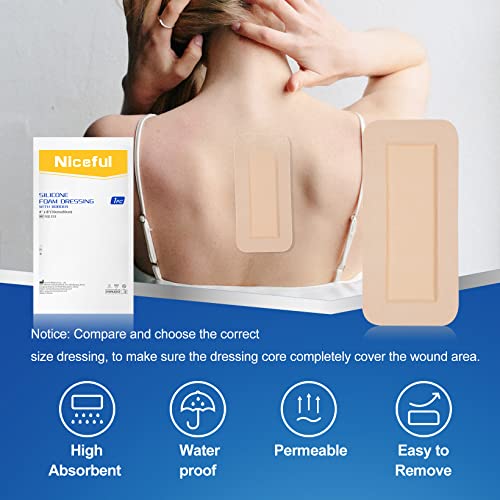 Niceful Silicone Foam Wound Dressings 4x8 inch - 10 Pack, Large Sterile Bandages for Wound & Bed Sore Care