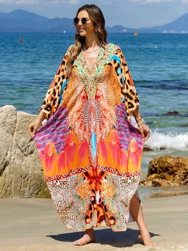IMAGEKOPE Women's Plus Size Animal Print V-Neck Batwing Kaftan Beach Dress - One Size / 927-29 Color