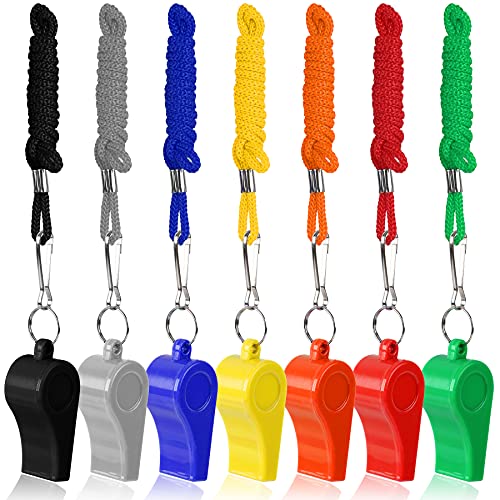 7 Pack Colorful Whistles with Lanyards - Loud Coaches Whistles