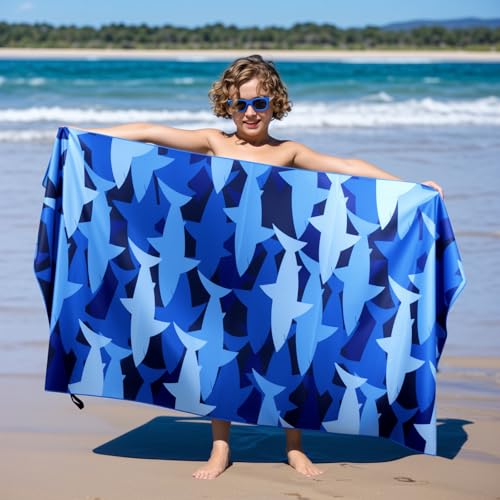 Large Microfiber Beach Towel - Blue Shark Design, Sand Free