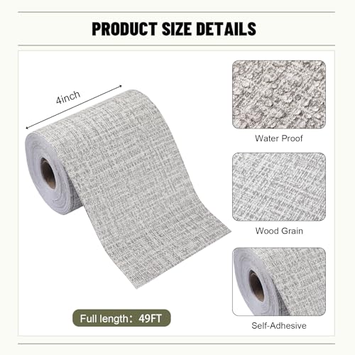 15M Gray Linen Border Wall Decor Peel & Stick Removable PVC Waterproof Bathroom Mirror Frame Border Kitchen Sticker Trim 49 ft x 4"