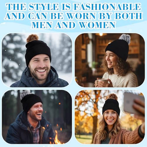 Pom Beanie Hat for Men & Women - Winter Knit Cap with Cuff - Black 02