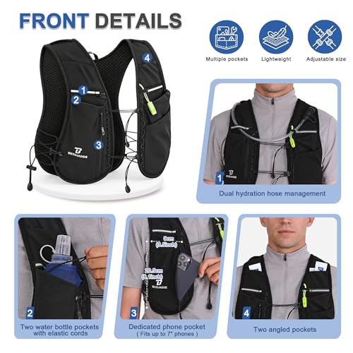 5L Running Vest with Hydration Pack – BECOJADDE Black, 5L Version (Vest Only / 1.5L bladder / 2x500ml bottles)