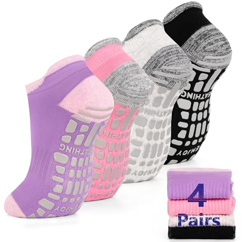Non-Slip Yoga & Pilates Grip Socks - 4 Pairs, Women's Size 5-10 - Black+Grey+Pink+Purple