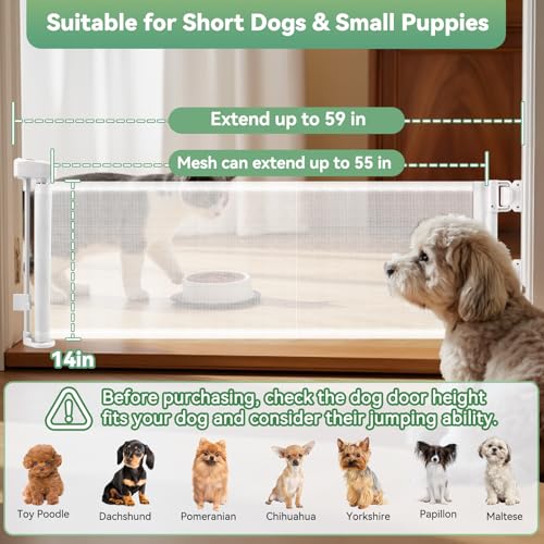 14" Tall Short Dog Gate to Step Over, Retractable Mesh Pet Door for Small Puppy, Extended up to 55" Wide for Indoor Stairs Doorways and Hallway(White)