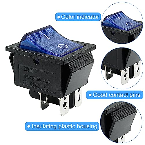 KCD4 DPST Rocker Switch - 4 Pin 2 Position with Blue LED Light - 3 Pack