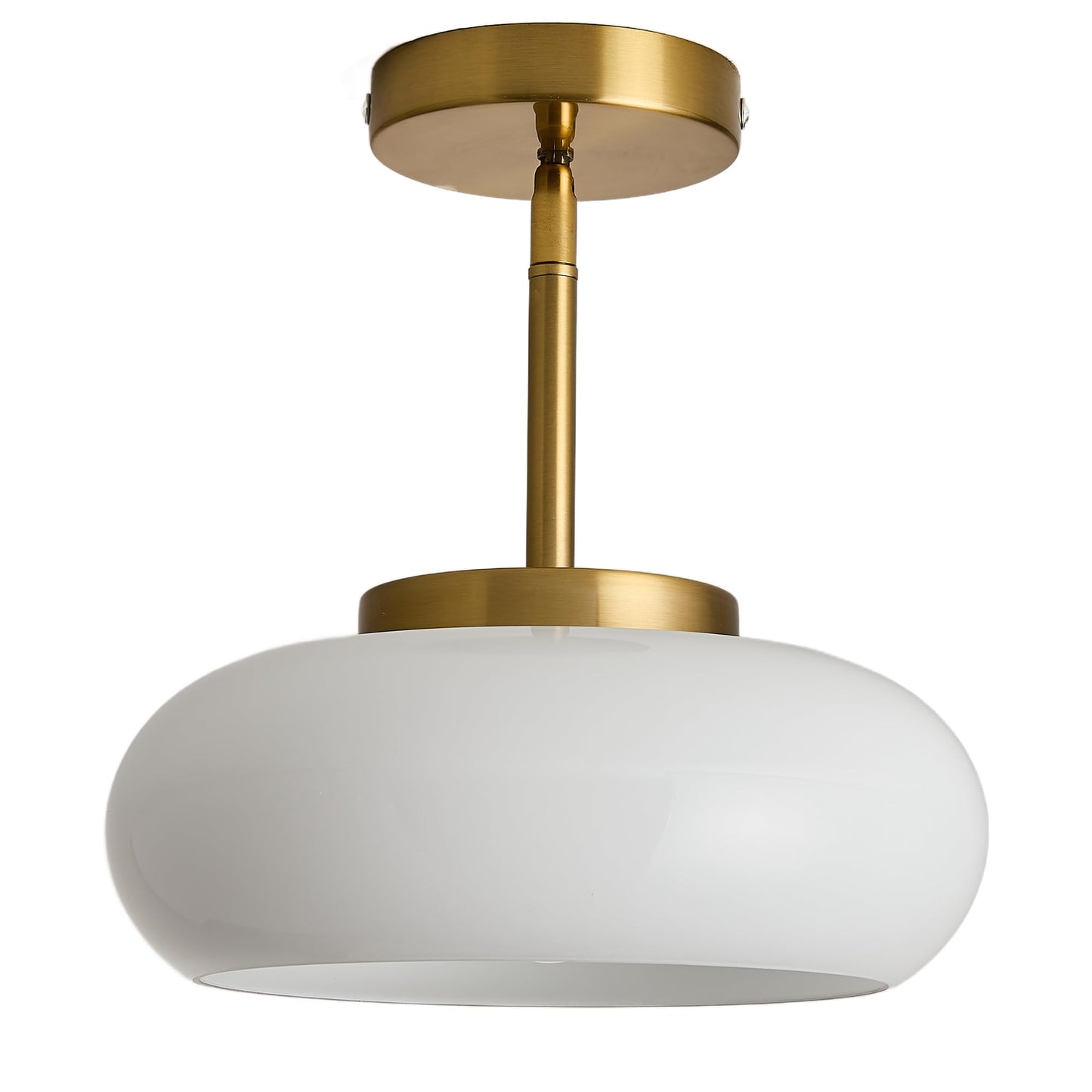 FCTWAKS 11" Modern Gold Semi Flush Mount Ceiling Light with Milk White Glass Shade, Mid Century Light Fixture for Hallway, Entryway, Dining Room, Kitchen