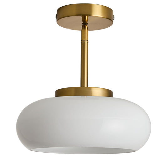 FCTWAKS 11" Modern Gold Semi Flush Mount Ceiling Light with Milk White Glass Shade, Mid Century Light Fixture for Hallway, Entryway, Dining Room, Kitchen