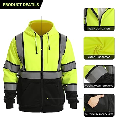 High visibility Hoodie for Men,Class3 Hi Vis Hoodie with Zipper,Reflective Hooded Hood,Construction work Safety Sweatshirt with Large front Pocket for Men/Women Black Bottom£¬Large