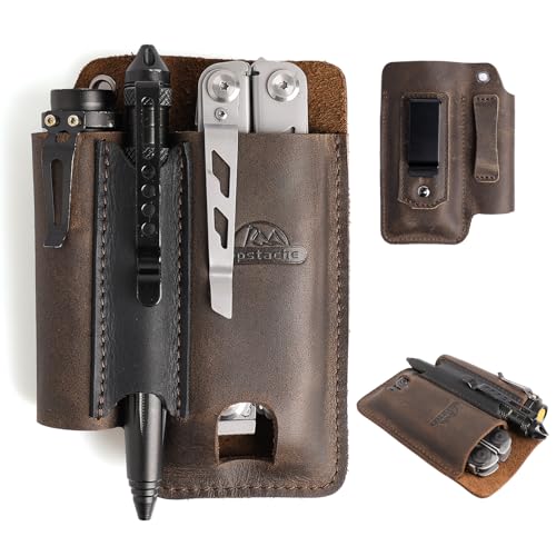 Topstache Leather Multitool Sheath with Belt Clip - Multitool Holster for Belt - EDC Belt Organizer Fits, Flashlight, Pen - Leather Pouch - Holder, Dark Brown