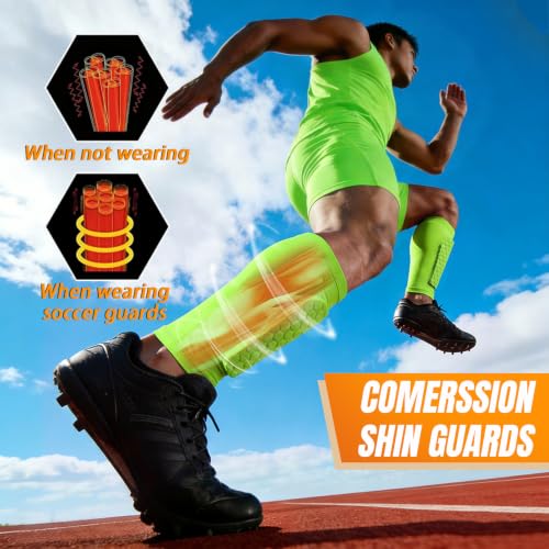 XZQTIVE Fluorescent Green X-Large Kids & Adult Soccer Shin Guards with Honeycomb Impact Padding