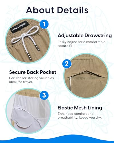 Maamgic Men's Swim Trunks 9 Inch Mesh Lining with Zip Pockets - X-Large Dark Khaki