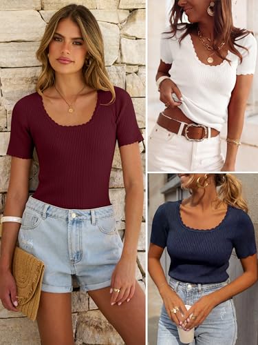 ANRABESS Women's Short Sleeve Sweater Top - Scalloped Scoop Neck - Deep Red, Medium