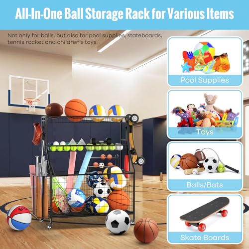Heavy Duty Sports Equipment Organizer with Rolling Cart & Baskets