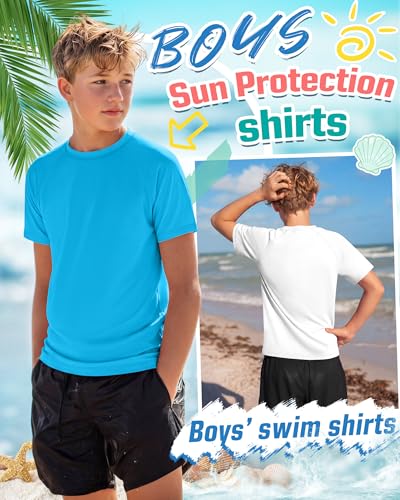 YooAurvox Boys' Rash Guard Swim Shirts 3 Pack - White, Blue, Navy Blue, Age 11-12