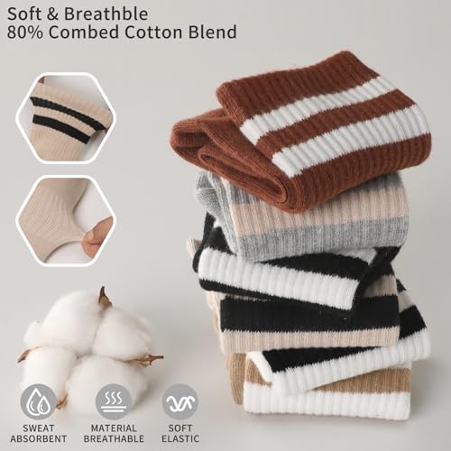 Women's Striped Cotton Crew Socks - 6-Pair Set - White, Beige, Black, Grey, Brown, Coffee