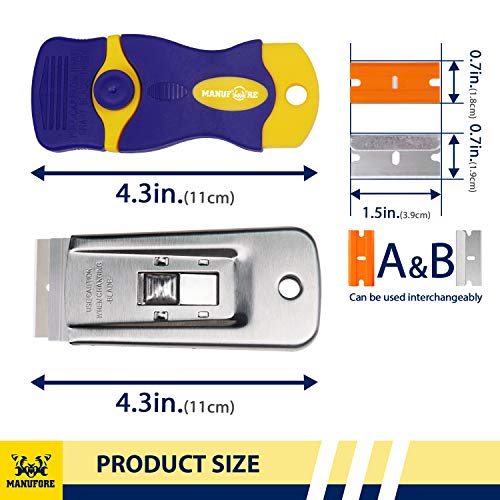 MANUFORE Portable Multi-Purpose Razor Blade Scraper for Cleaning Glass, Stove-top, Window, Floor(2 Scrapers, 5 Plastic Blades, 5 Stainless Steel Blades)