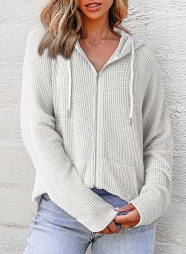 Dokotoo Women's White Large Waffle Knit Full Zip Hoodie Sweatshirt