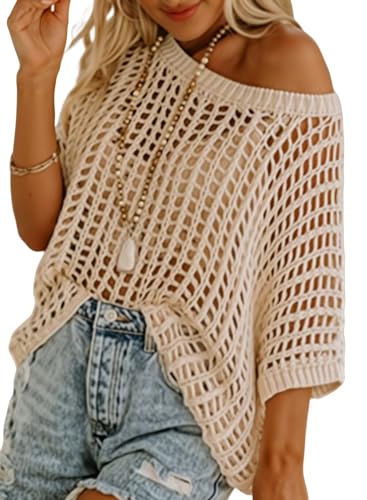 Dokotoo Women's Apricot Summer Crochet Knit Top - Medium, Scoop Neck Short Sleeve Casual Sweater Beach Coverup