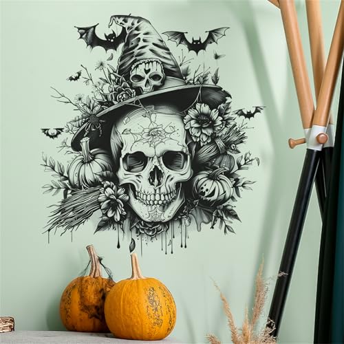Halloween Scary Wall Stickers Decals,Black Skeleton Pumpkin Bat Halloween Home Decorations,Horror Skull Wall Stickers for Party Haunted House Door