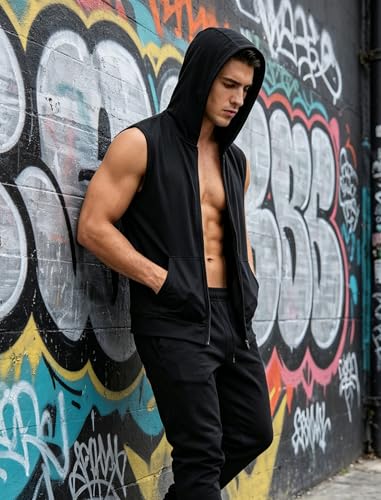 Lexiart Men's Workout Hooded Tank Top Zip Up Slim Sleeveless Hoodie Large Black