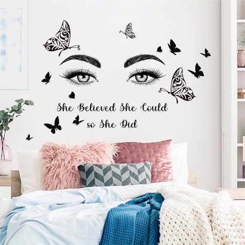 Black Eyelash Eyes Butterfly Wall Stickers, sacinora Inspirational Quotes Motivational Word DIY Wall Decals Removable Vinyl Peel and Stick for Women Girl Kids Living Room Bedroom Nursery Art Decor