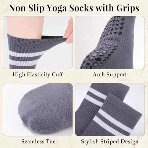 Striped Pilates Crew Socks with Grips for Women - 4 Pairs - Black White Gray
