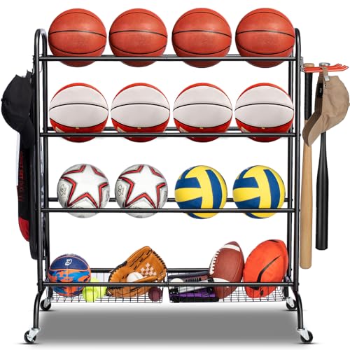 4-Tier Heavy-Duty Ball Storage Rack with Wheels & Baskets