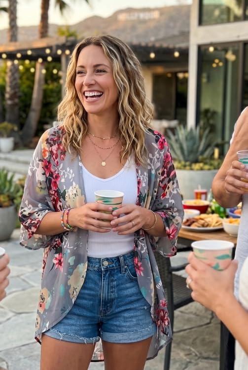 Floral Kimono Cardigan Beach Cover Up for Women - Puff Sleeve Chiffon Summer Top
