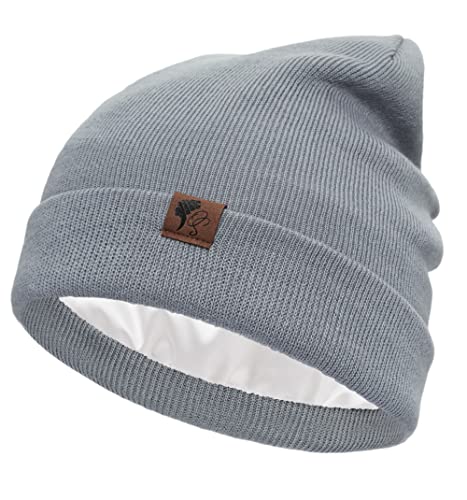 Satin Lined Beanie for Women - Cuffed Silk Winter Hat - Light Gray