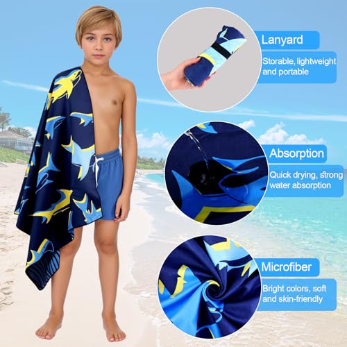 Microfiber Beach Towel - Bright Yellow Blue Shark Design - Dark Blue Shark