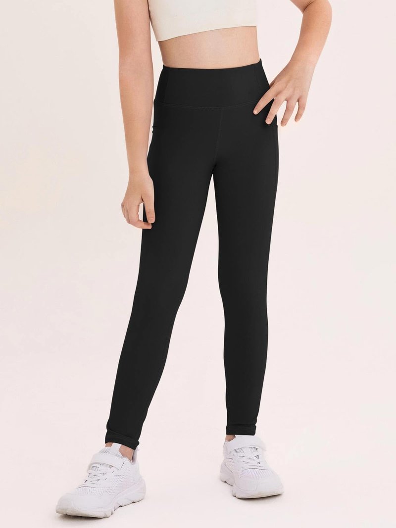 Haloumoning Girls Athletic Leggings Kids Workout High Waisted Stretchy Running Yoga Pants with Pockets 5-14 Years Black