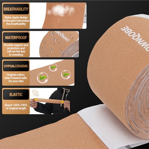 Kinesiology Tape - 2 Rolls with 40 Precut Strips, Waterproof, Beige
